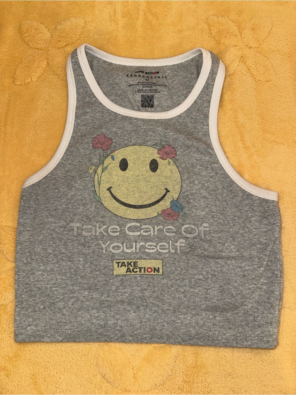 Aeropostale Grey Ribbed Smile Tank with Yellow Graphic